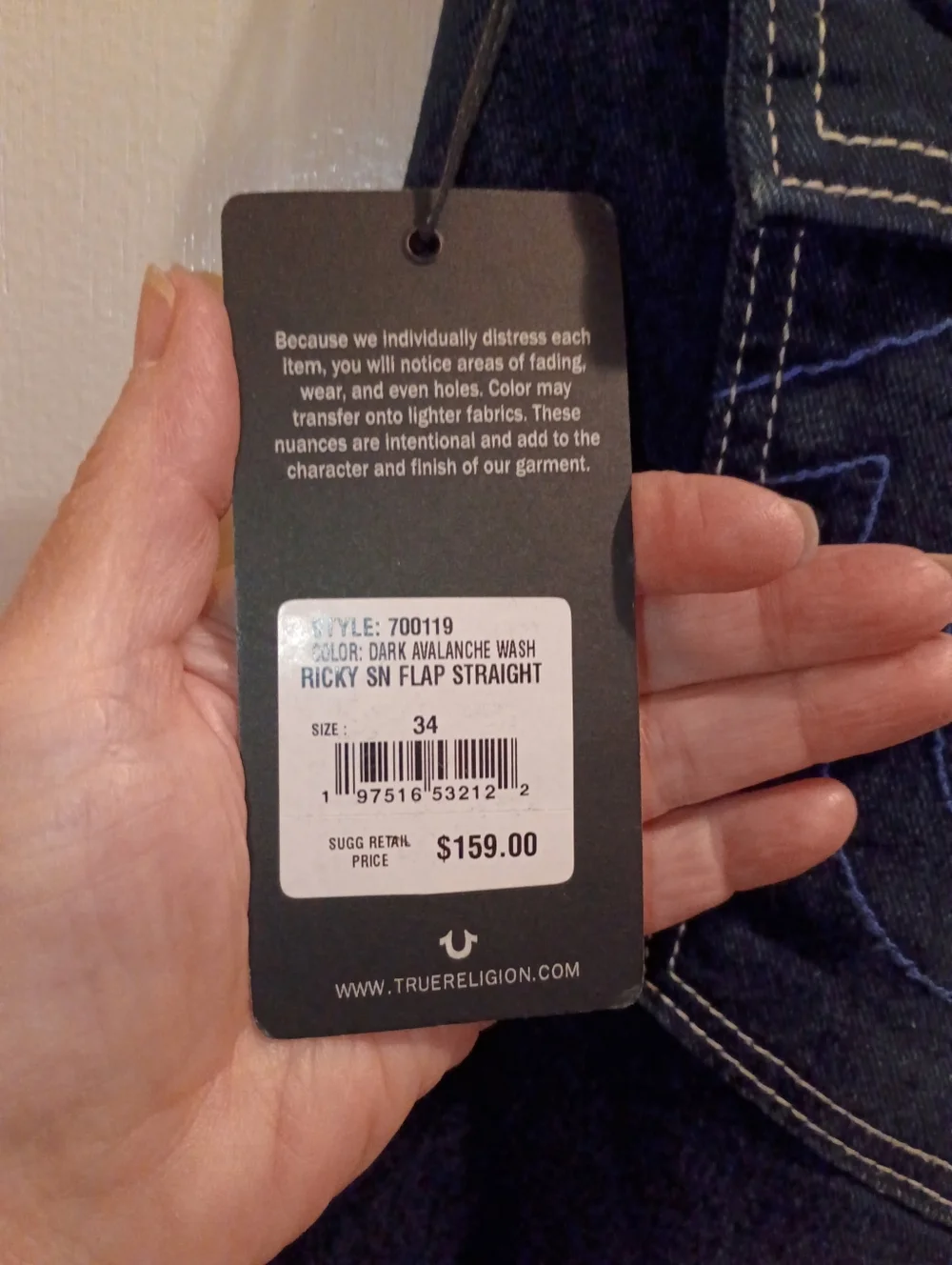 True Religion Ricky SN Relaxed Straight Blue Jeans Mens 34X33.5 Flap Pockets NWT